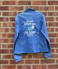 Vtg Blue Denim Jacket Rose White Embroidered Back Pink Floral Coat Quote Lost S
