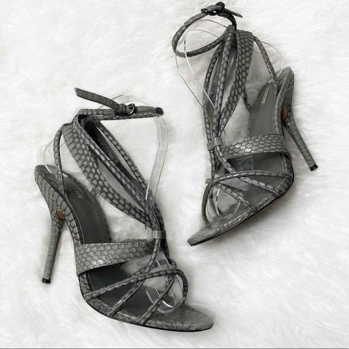 Leon Max Pastoral Snakeskin Leather Stiletto High Heel Sandals Light Gray 