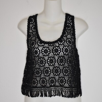 Boho Crochet Crop Top Floral Sz S Sheer Fringed Fairy Festival Hippie Cover Up