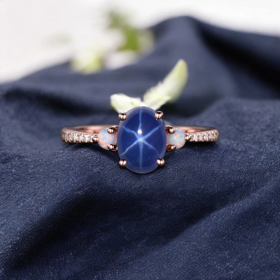 14k Rose Gold  8X6 mm Oval Cut Lab Created Star Sapphire Opal Women Gift Ring - Image 4 of 4