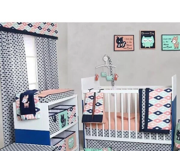 Baby Bacati Cora Mint 9 Piece Set Baby Crib Set! Fox And Owl!