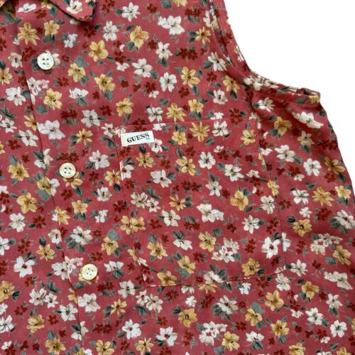 Blusa Top De Colección Años 80 90 Guess Floral Transparente Sin Mangas Botón Frontal Coral Amarillo S - Imagen 2 de 5