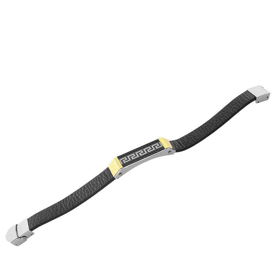 Stainless Steel Black Faux Leather Two-Tone Greek Key Bracelet, 8" - Image 2 of 3