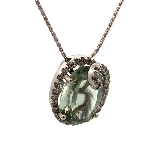 Designer SG 14K White Gold Oval Green Amethyst Diamond Swirl Pendant Necklace - Picture 3 of 11