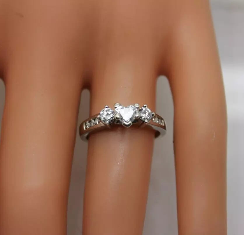 SD 14k White Gold HEART cut .39 DIAMOND 3 STONE Ring with accents