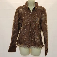 VTG Royal Highness Equestrian Wmn's L Brown Bronze Zip Front Riding Show Blouse 