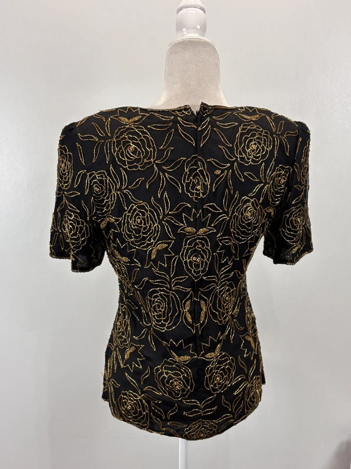 Blusa Camisa De Colección Stenay Lentejuelas Talla Mediana Para Mujer Negra Dorada Rosas Floral Años 80 Foto 3 de 4