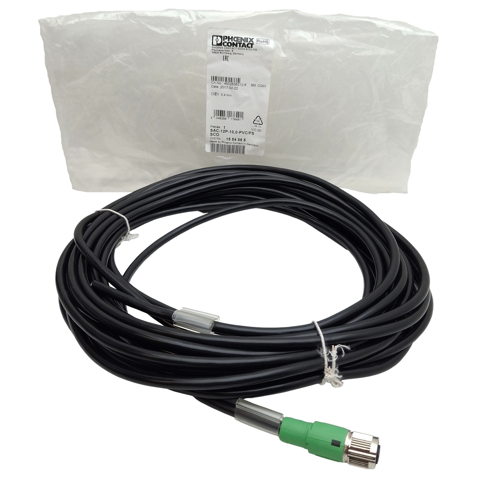 Phoenix Contact 1554885 Sensor/Actuator Cable, 12-Pin M12 Female to Leads, 10m