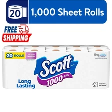 Scott 1000 Toilet Tissue Paper, 20 Rolls, 1,000 Sheets Per Roll FREE SHIPPING