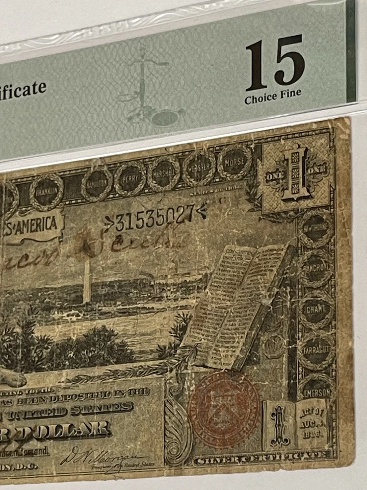 1896 Silver Certificate Educational 1 Dollar Red Seal W Rays PMG 15 Jacob Scott - Image 3 of 4
