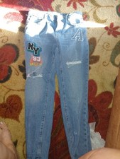 No Boundaries Juniors Blue Denim Jeans Patched Number 62 Embellished Pants