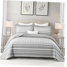 Queen Quilt Set 100 Cotton Boho Queen Quilt,Grey Bohemian Striped Pattern