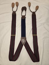 Vintage CAS W Germany Suspenders Burgundy Stripe Ribbon Leather Button On Style