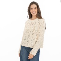 Womens M&S Ivory Jumper Crew Neck Open Knit Boho Festival Cotton Rich