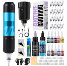 Wireless Tattoo Kit Complete Pro Gun 1500mAh LCD Battery 20PCS Cartridge Needles
