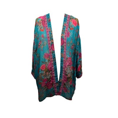Aratta Silent Journey One Size Turquoise Pink Floral Open Kimono Boho Western 