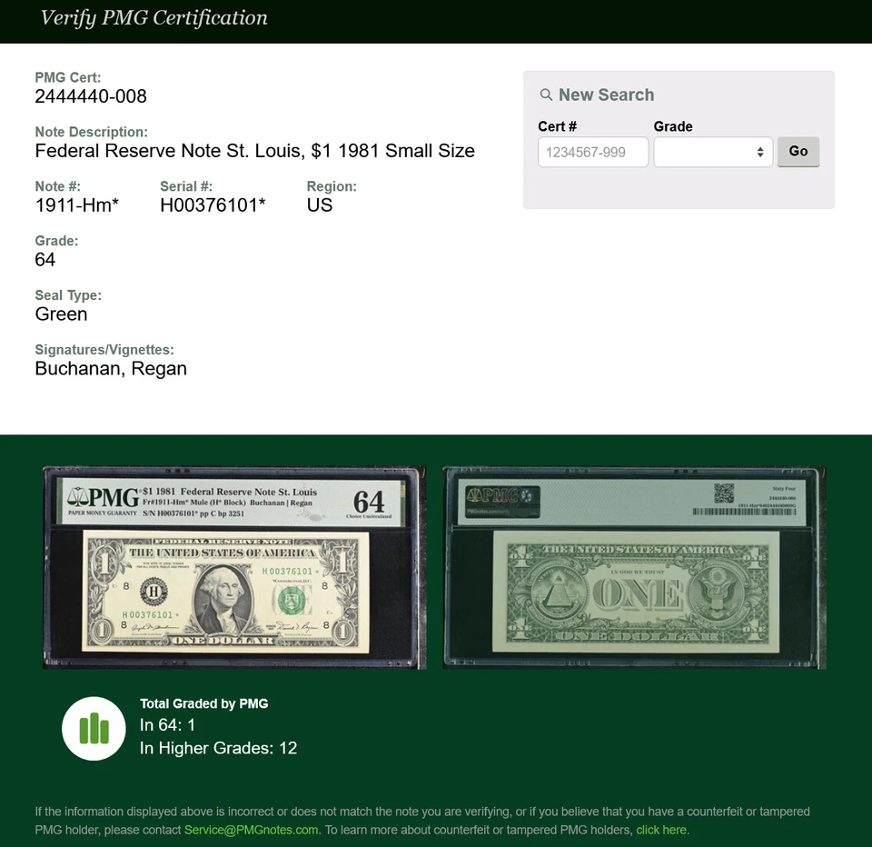 1981 $1 ST. LOUIS MULE STAR NOTE PMG 64 From 12K Print Group Fr 1911-Hm* FRN H/* - Image 4 of 4