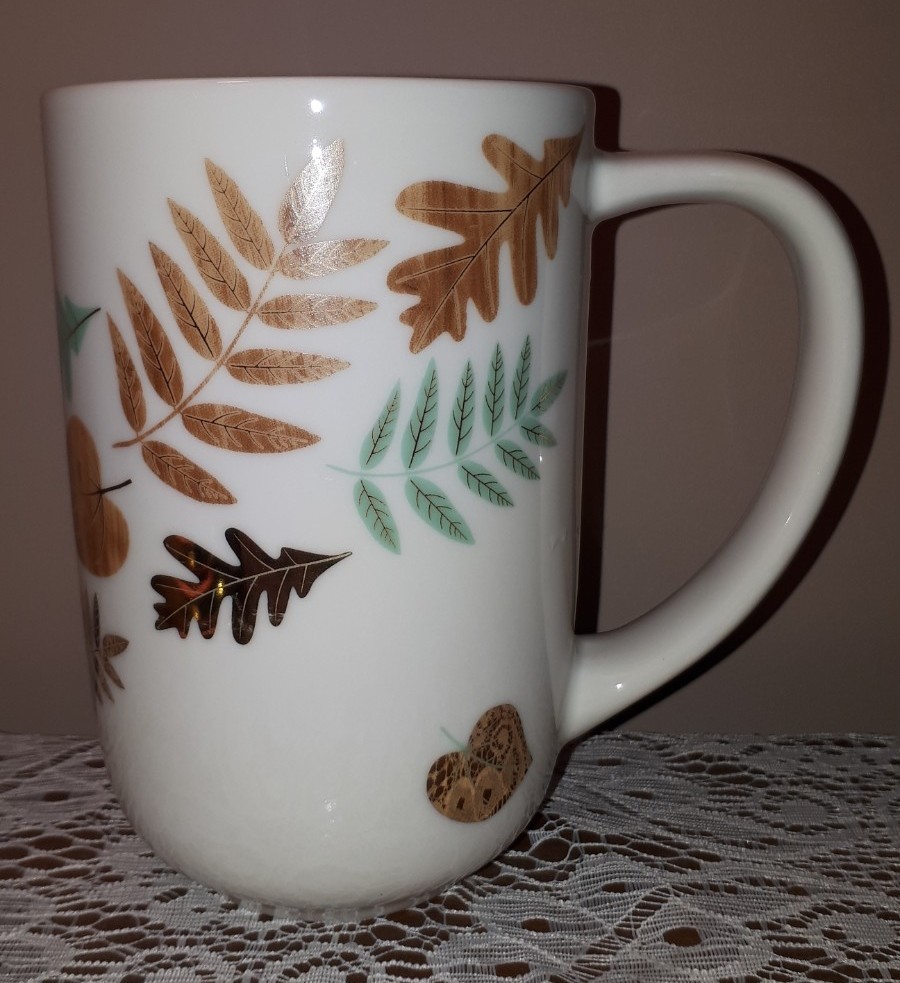 White Nordic Mug Brown Gold Green Leaves, No Lid And No Infuser