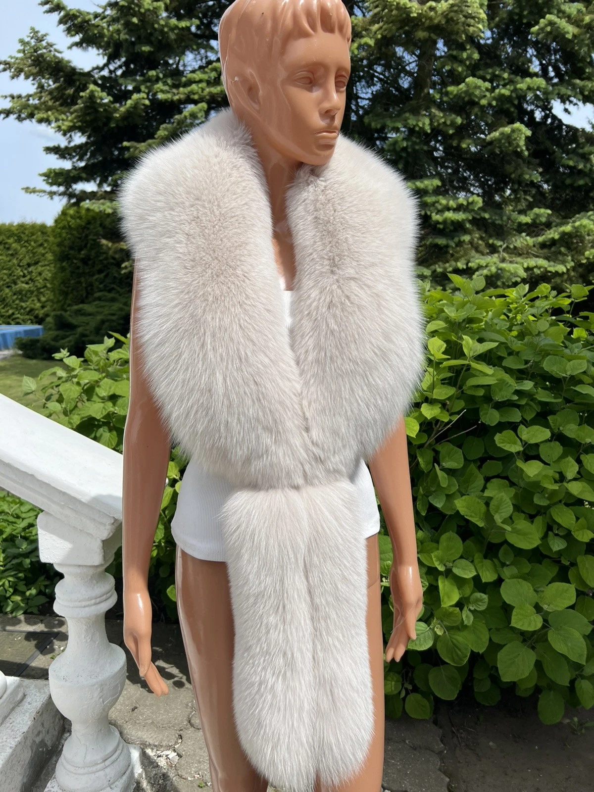Beige Shadow Blue Fox Real Fur Handmade Collar Satin Lined Scarf with Tails