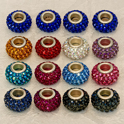 Rhinestone Pavé Bead Set of 15 Silver Core Charm Beads