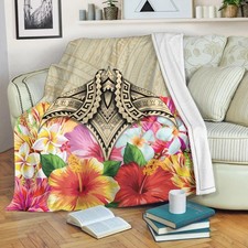 Hawaii Manta Ray Tropical Hibiscus Plumeria Polynesian Premium Blankets - AH