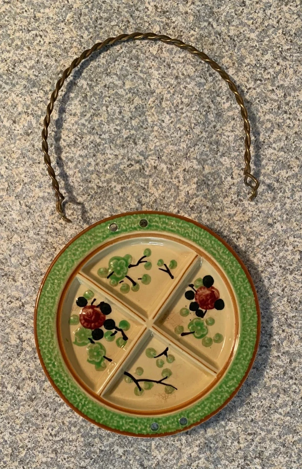 Placa de entremeses de cerámica dividida de 1920 con mango de alambre 8,25" - Hecha en Japón Foto 3 de 4