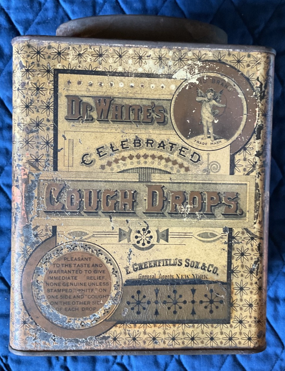NICE 1880s LARGE STORE TIN FOR Dr. White’s Celebrated Cough Drops