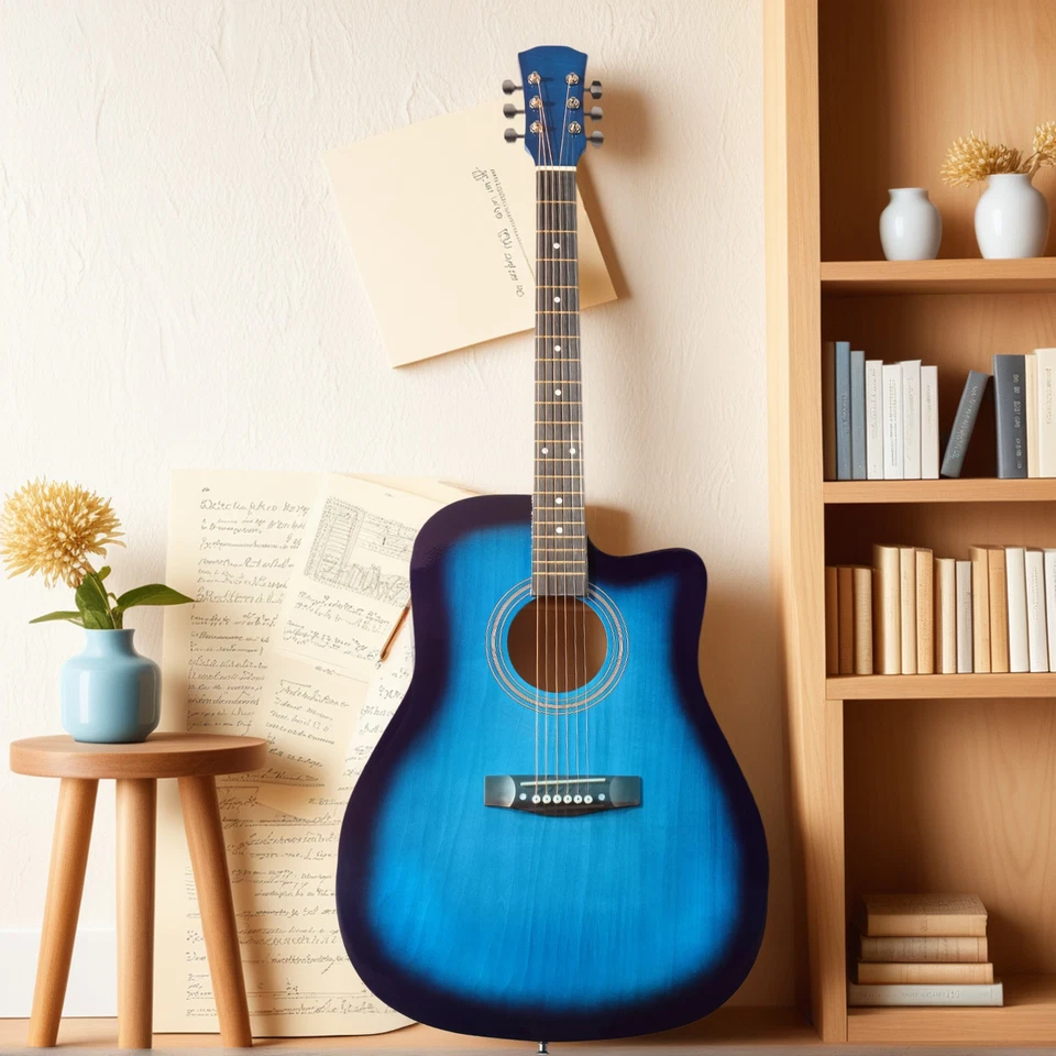 Синяя 41-дюймовая акустическая гитара Dreadnought в форме ствола с вырезом и медиатором струн - Изображение 3 из 4