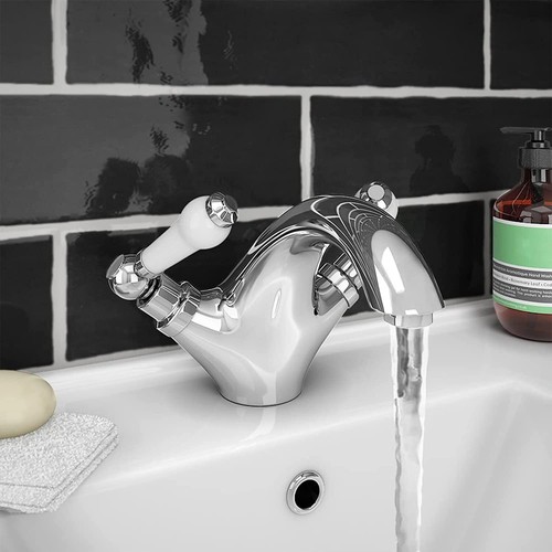 Traditional Victorian Bathroom Monobloc Basin Sink Mixer Taps & Waste Twin Lever - Picture 5 of 9