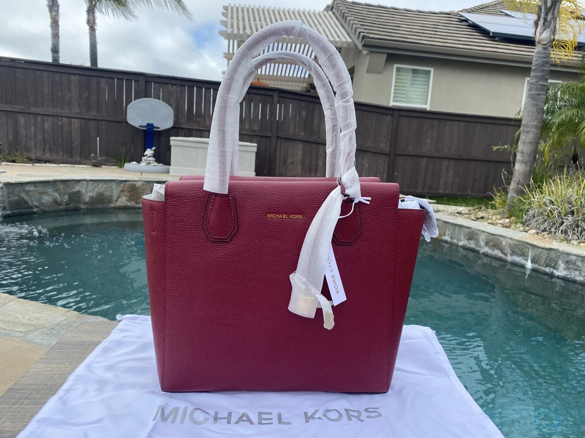 Michael Kors Cherry Red Leather Large Mercer Satchel Tote Bag in original  Packin