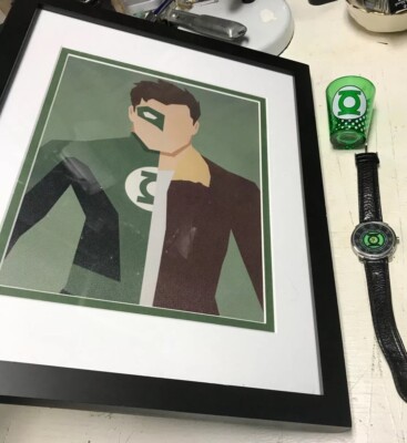 The Green Lantern Collector Items 1 Watch -1 Framed Painting Print- 1 Shot Glass