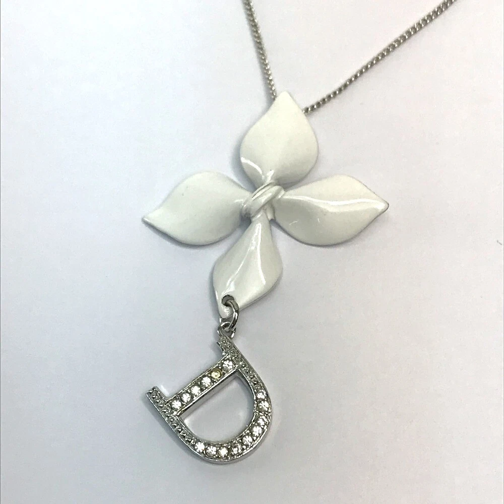 Christian Dior Rhinestone D charm flower Accessory Jewelry Necklace Silver/White