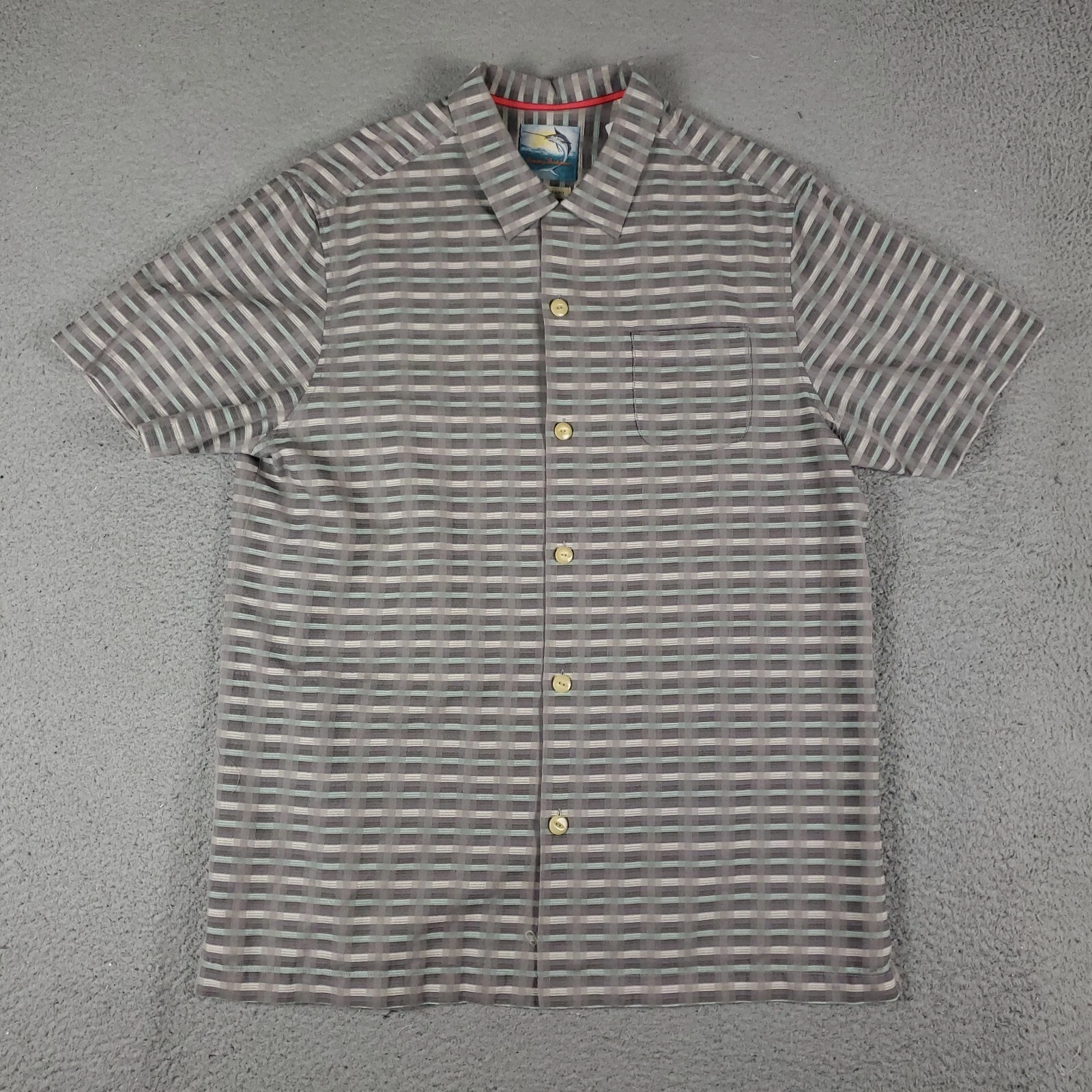 Tommy Bahama Shirt Mens Medium Gray Check Hawaiian Button Up Short Sleeve