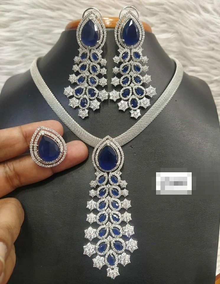 Collar Pendientes Anillo Joyería Swarovski Circonita cúbica Estilo Bollywood Chapado en Plata India Foto 3 de 4