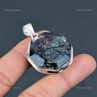 Mothers day Deal Black Rutile Gemstone Wife Pendant Jewelry 925 Sterling Silver