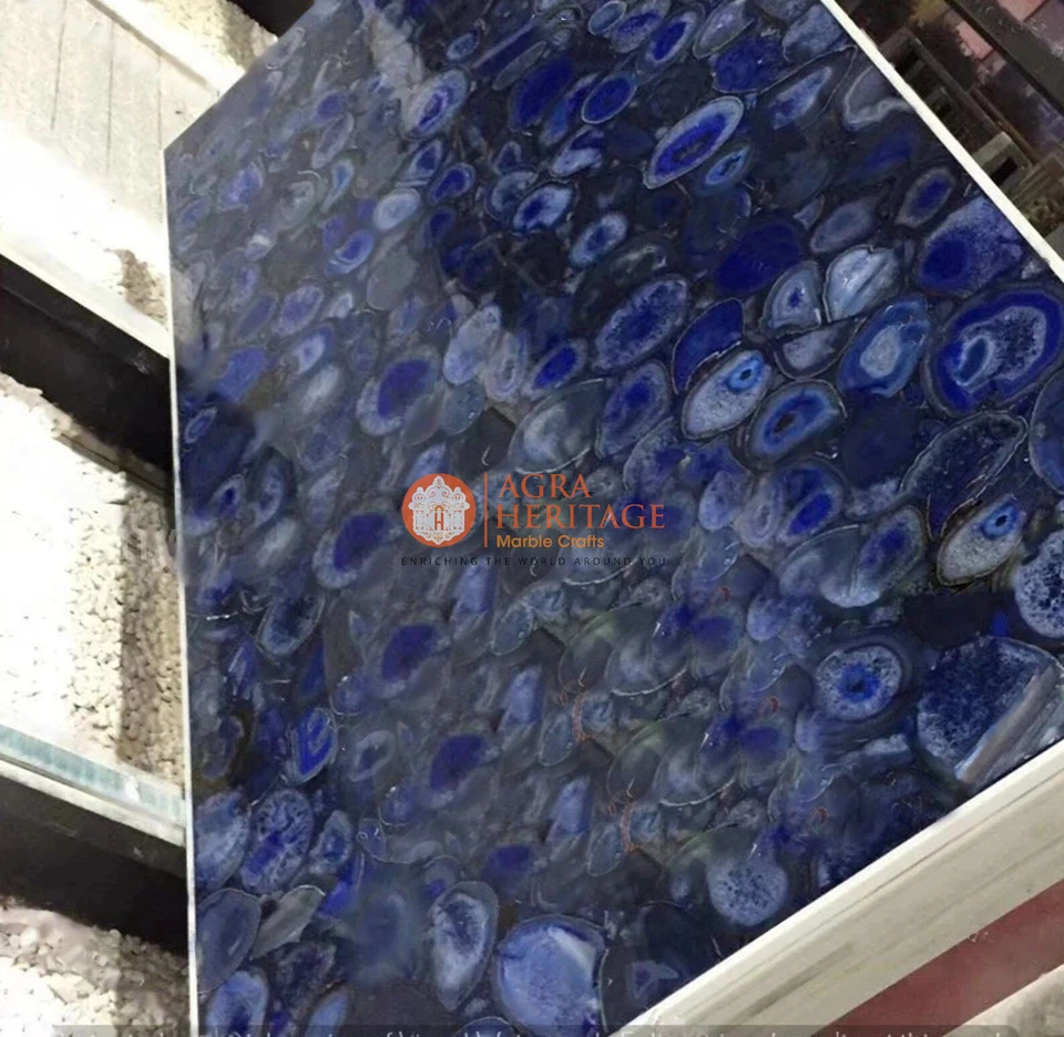 Blue Agate Rectangle Stone Conference Counter Table Top Dining Table Home Decors - Image 2 of 2