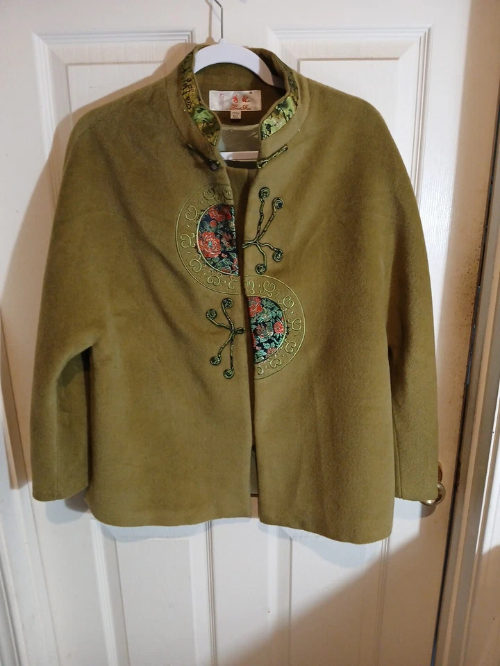 Lei Fei азиатский дизайнер женщин куртка зеленый шерсти w шелк и вышитый дизайн XXL - Изображение 2 из 4