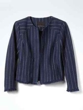 Banana Republic Stripe Collarless Boucle Jacket Cotton Blend Navy Size 12P, NWT