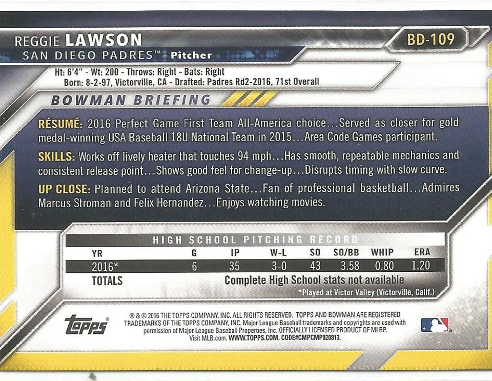 Reggie Lawson San Diego Padres 2016 Bowman Draft - Image 2 of 2