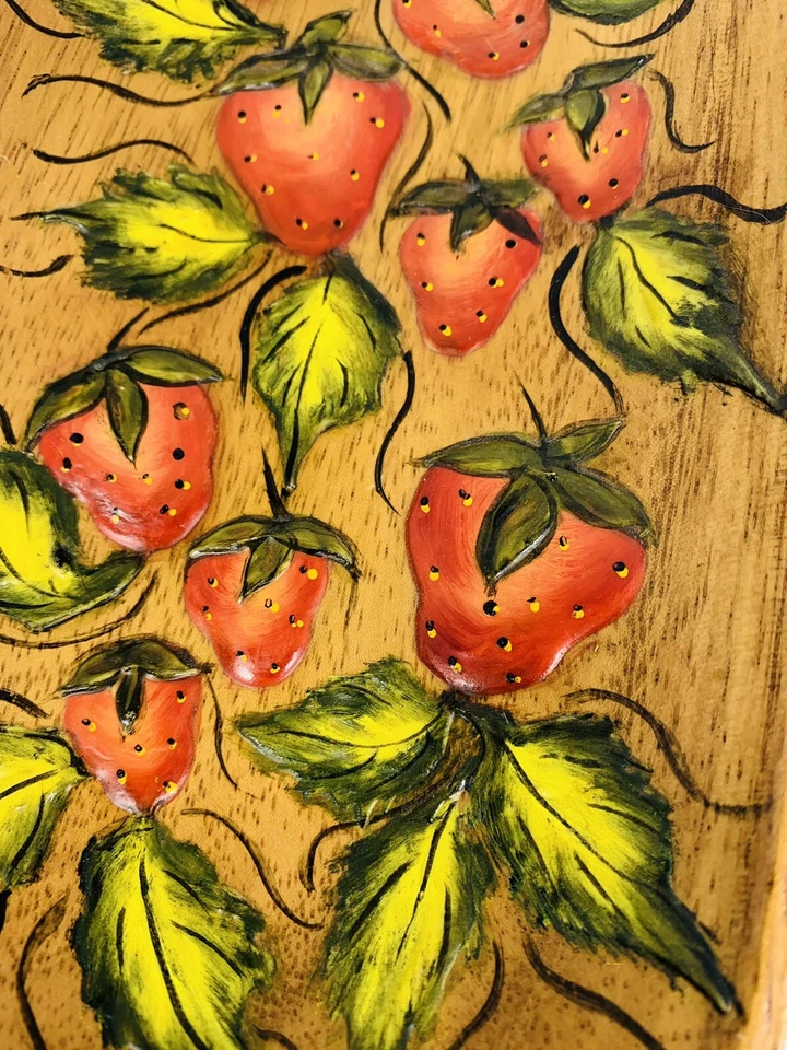 Bandeja de fresa de madera tallada pintada a mano plato arte popular casa núcleo de colección Foto 2 de 4