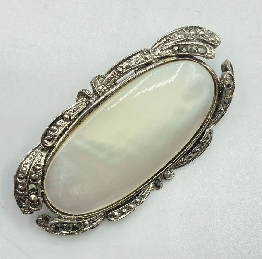 Broche prendedor ovalado de marcasita concha de madreperla de plata de ley 925 de colección 11,47 g Foto 4 de 4