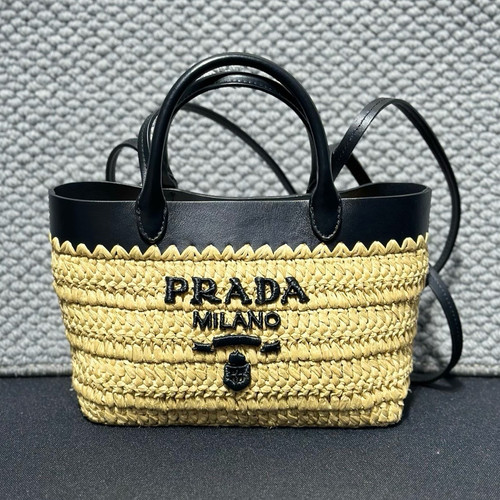 Authentic Prada Raffia Crochet Tote Bag Top Handle Shoulder Bag Beige