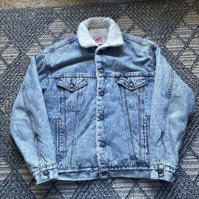 90s Levi's Men's Sherpa Lined Trucker Jacket Blue Vintage Button Front Size S