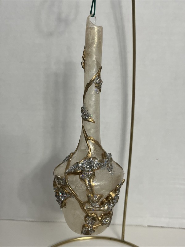 Vintage Glass Ornament With Gold 3D Floral Leaf Design 6.75”