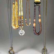 5pc Mixed Lot Beaded Necklaces w/ Pendants Wood & Metal Brown Beige Silver