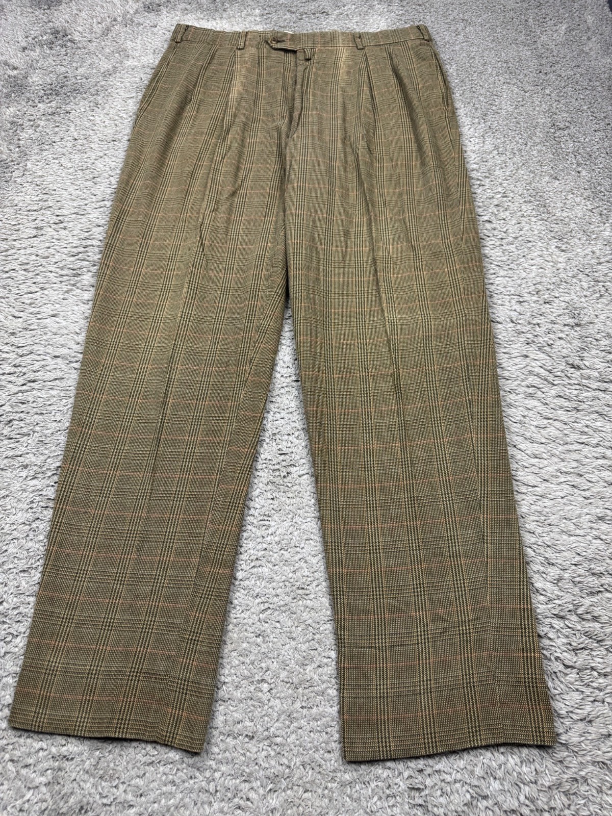 Tommy Hilfiger Pants Men 38x34 Brown Wool Houndstooth Plaid Pleated Trousers Vtg