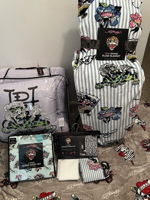 Ed Hardy Queen 4pc Foo Dog Comforter Set+6pc Sheet Set+60x90 Throw+Shower Set