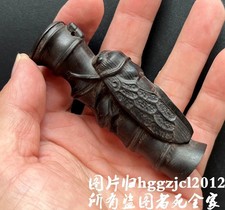 Black Natural Ebony Wood Carved Cicada Bamboo Pendant Statue Hand Toy Pet Chain