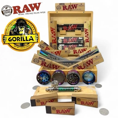 RAW SPORTS Large Wooden Storage Box with Grinder, Pipe, RAW King Size Papers & Tips Bundle