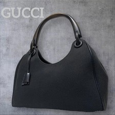 GUCCI Canvas Handbag Black GG Wood Handle 9.1x12.6x5.1in Rare Luxury Authentic